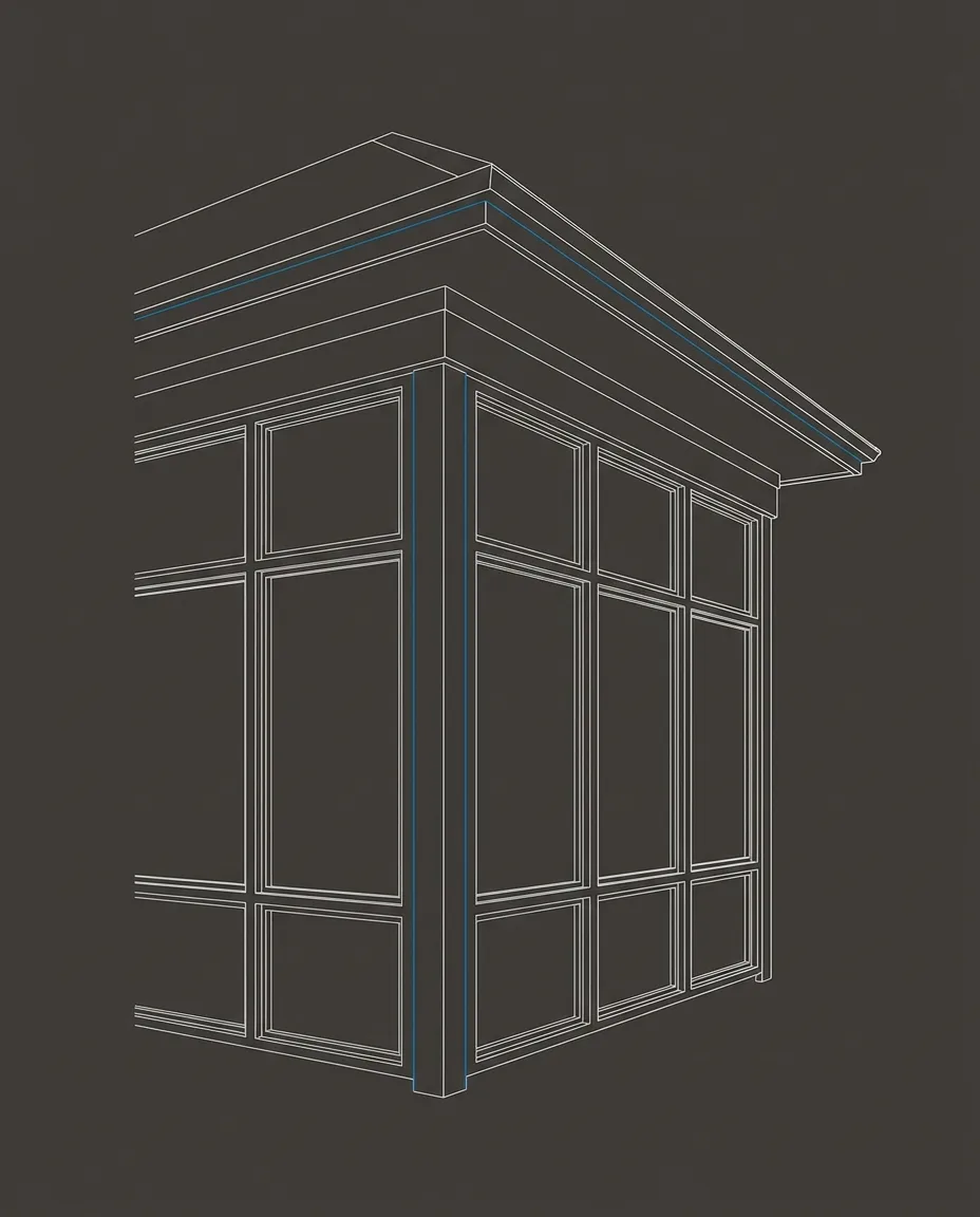 Stylized architectural line-art placeholder graphic of a sunroom exterior detail, different angle - not a real photo. Sleepy Creek Sunrooms’ real project photography is pending delivery from the client.